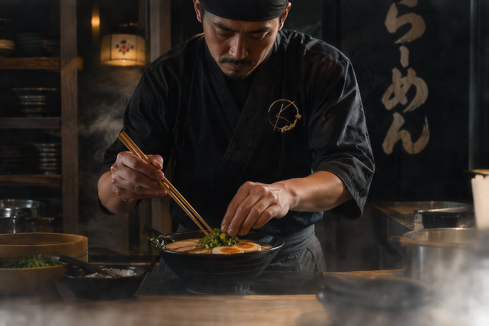 A chef finishing a bowl of ramen in a warmly lit kitchen