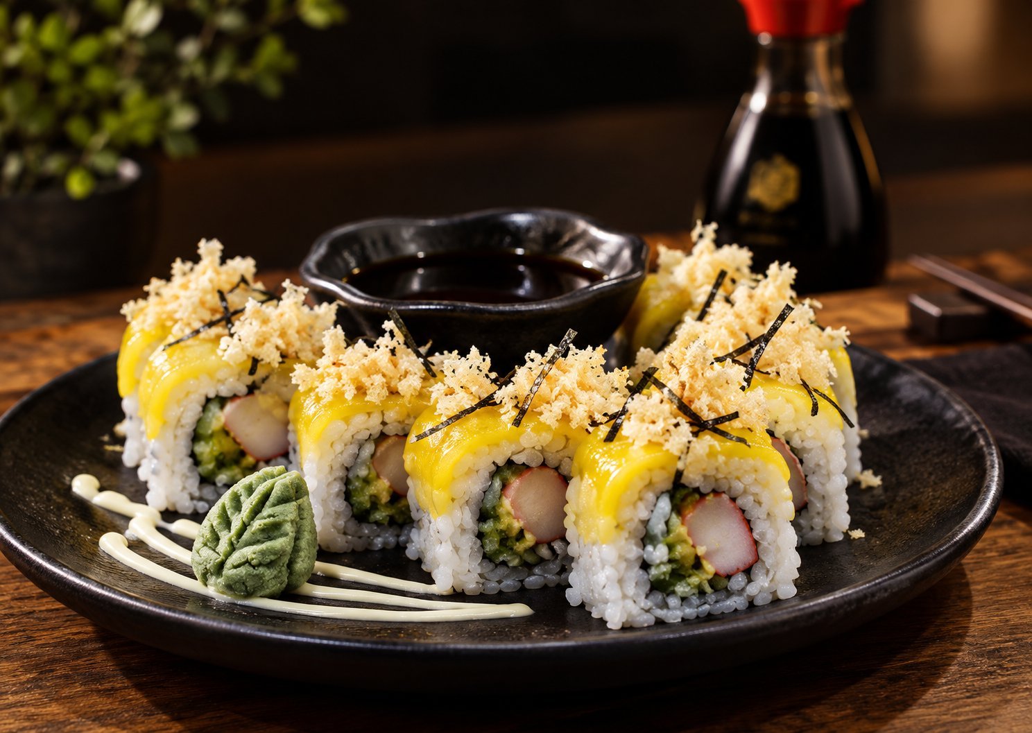 California maki topped with mango, crispy tempura flakes and nori, served with soy and wasabi at Kazuko Ramenba