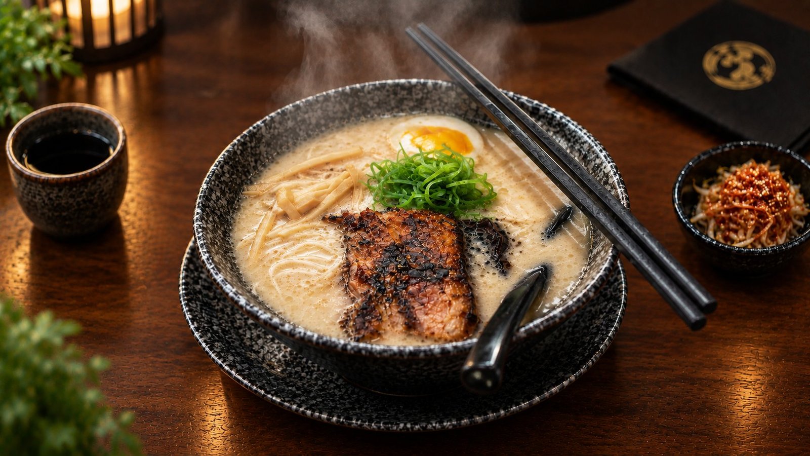 Steaming ramen with chashu, egg and spring onions on a wooden table