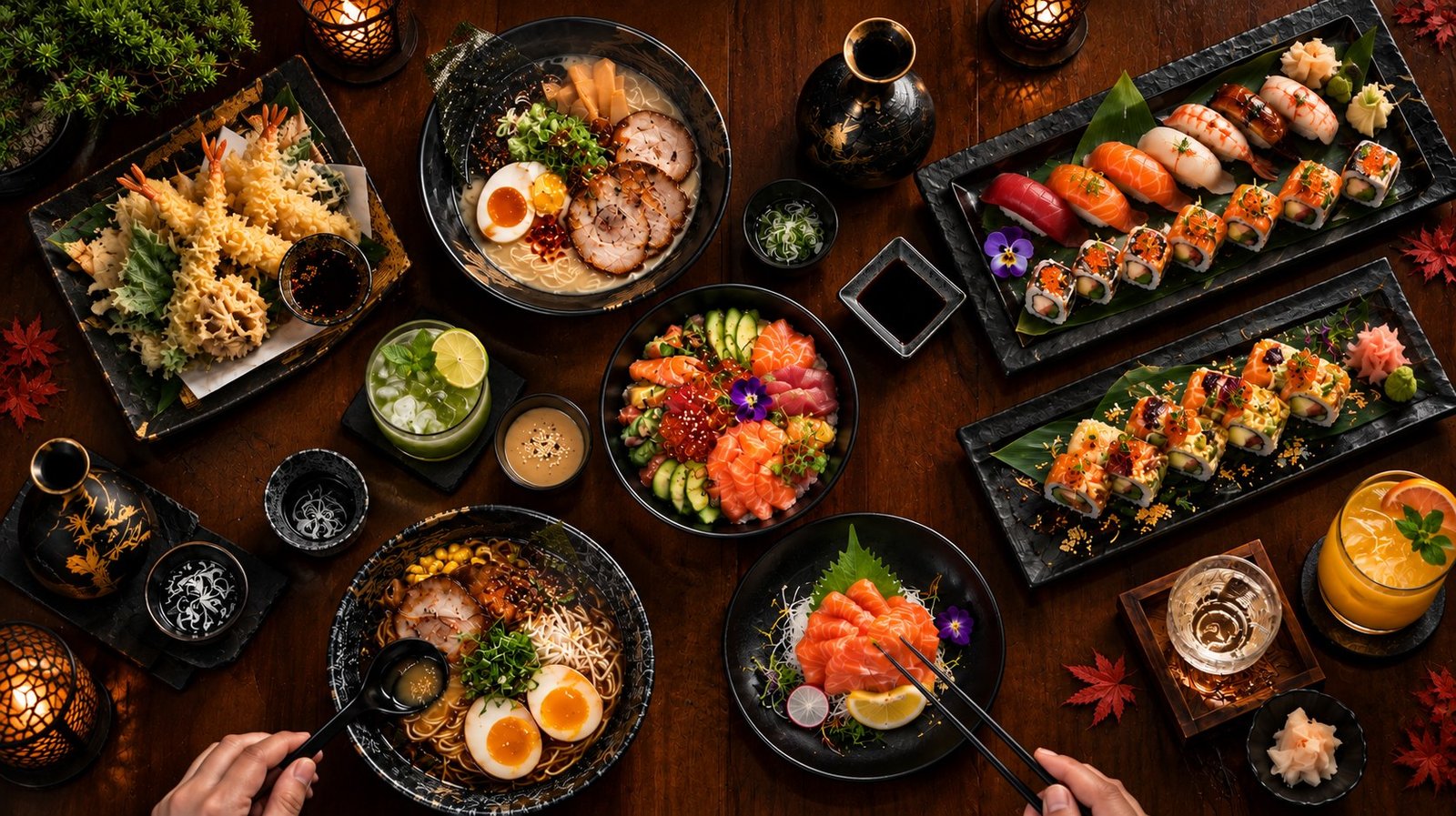 A candlelit Kazuko table from above: ramen, tempura, sushi platters, a salmon bowl, sashimi and drinks on dark wood