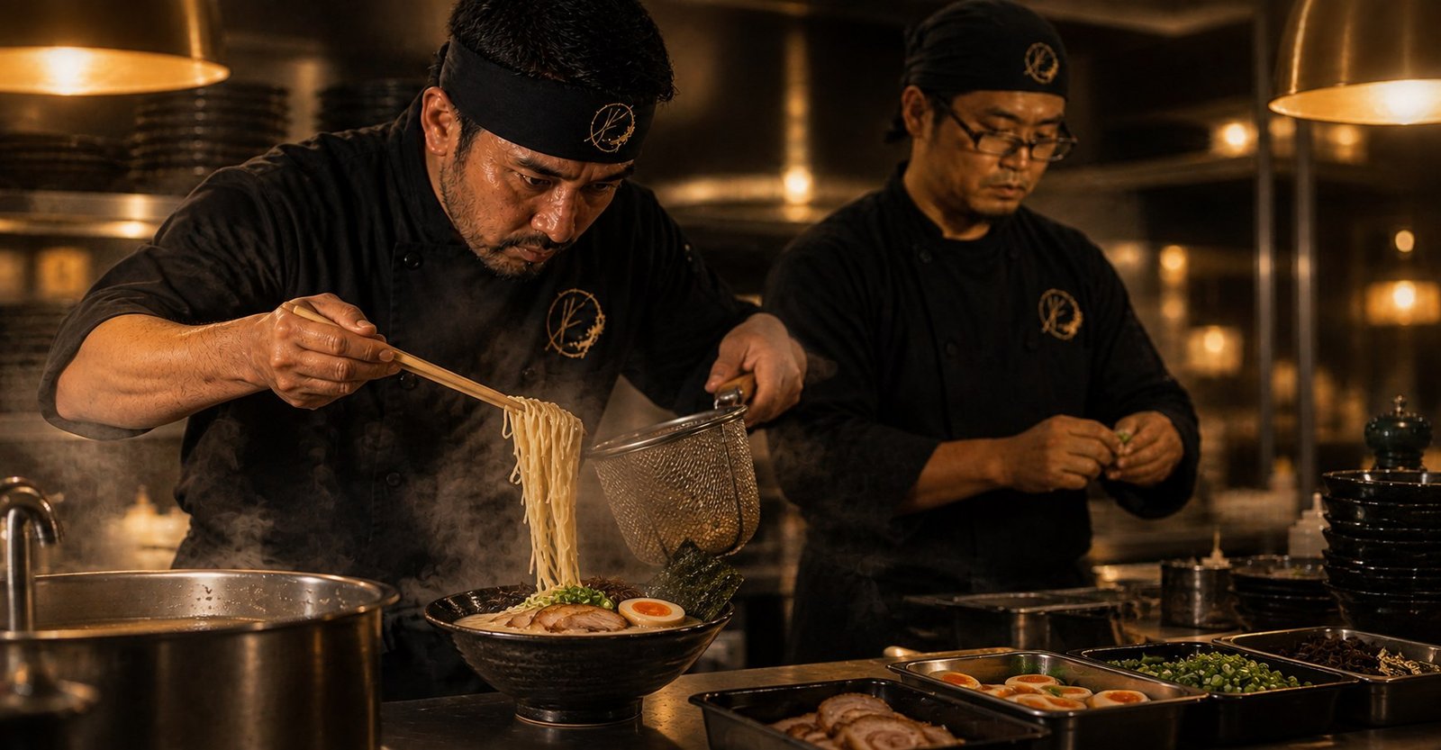 A Kazuko chef lifting fresh noodles into a bowl of ramen in the open kitchen, a second chef preparing toppings behind